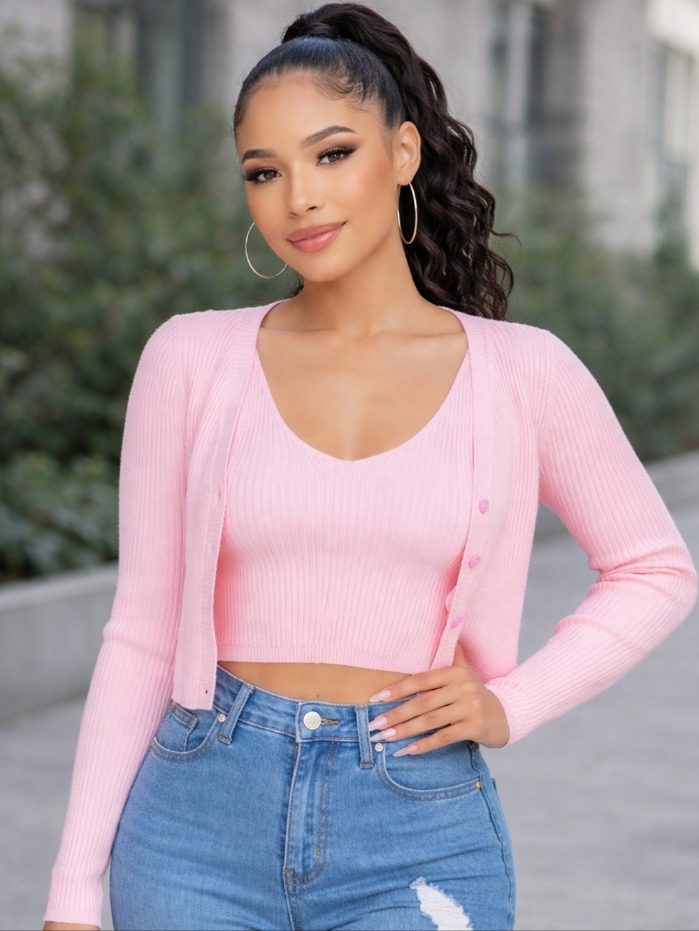 Pink Ribbed Knit Tank & Cardigan Set Chic Soft Luxe